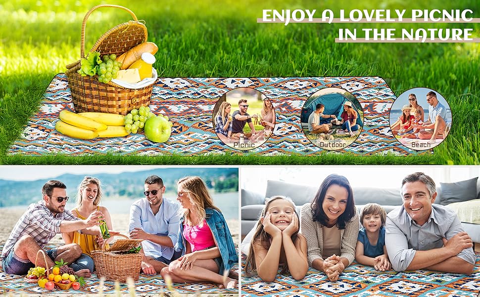 Килимок для пікніка SOMLAW вологостійкий, великий (200x200 см) для 4-6 осіб, з ручкою, Boho стиль, ідеальний для кемпінгу та пляжу