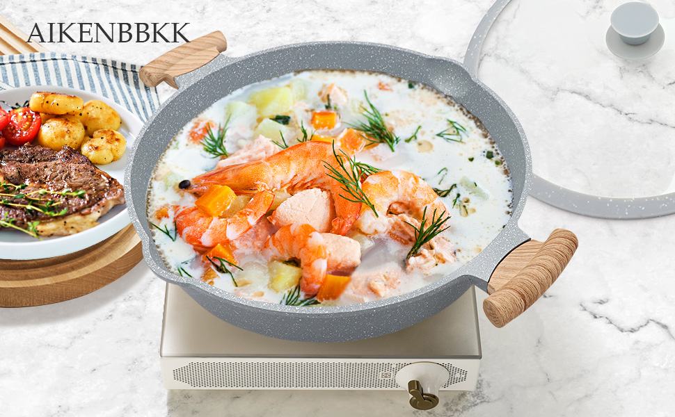 AIKENBBKK Сковорода 2-в-1 з кришкою 32 см, антипригарна кераміка, безпечна, PTFE та PFOA free, для всіх плит, синя