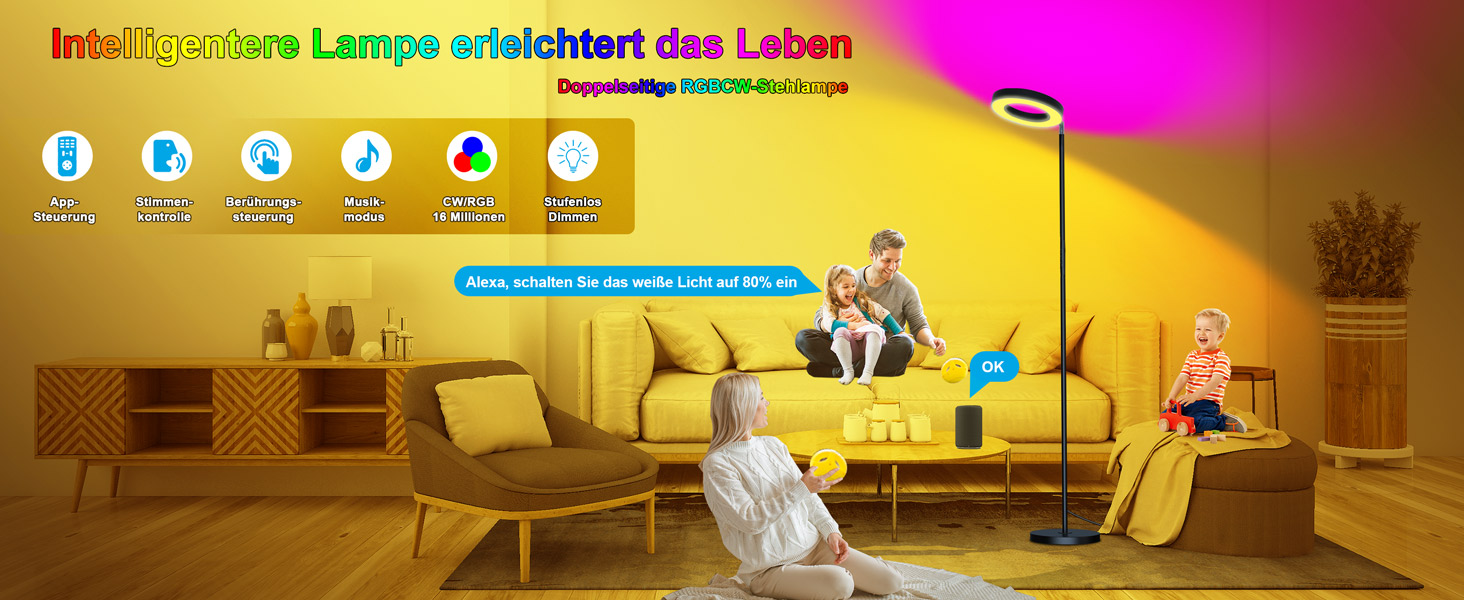LED торшер, 42W, 16 мільйонів кольорів RGBCW, WiFi, Smart, двосторонній, для вітальні, сумісний з Alexa/Google Home, синхронізація з музикою, регульована яскравість, торшер для читання в спальню, RGB-42W