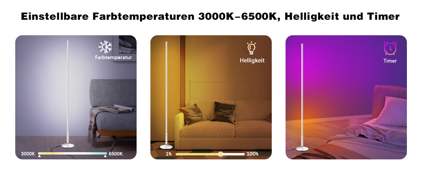 LED-лампа Fortand кутова, WiFi, RGBCW, диммування, для вітальні/спальні, з пультом, сумісна з Alexa/Google Home, 155 см (кругла база)