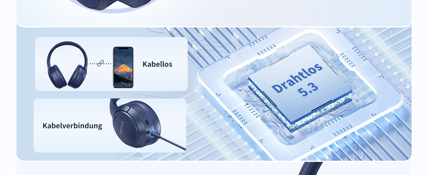 RUNOLIM Бездротові навушники Over-Ear з активним шумозаглушенням, Bluetooth, 70 годин роботи, Hi-Res Audio, глибокий бас, 3.5mm аудіокабель (Блакитні)