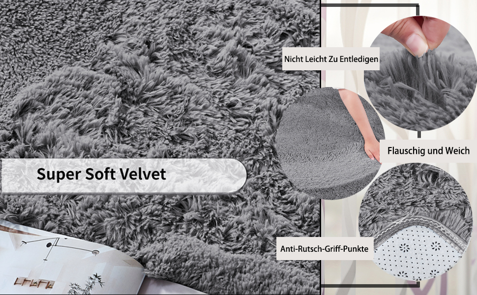 Пухнастий килим Hochflor, для вітальні, м'який, з антиковзаючою основою, можна прати, для спальні (сірий, 120x160 см)