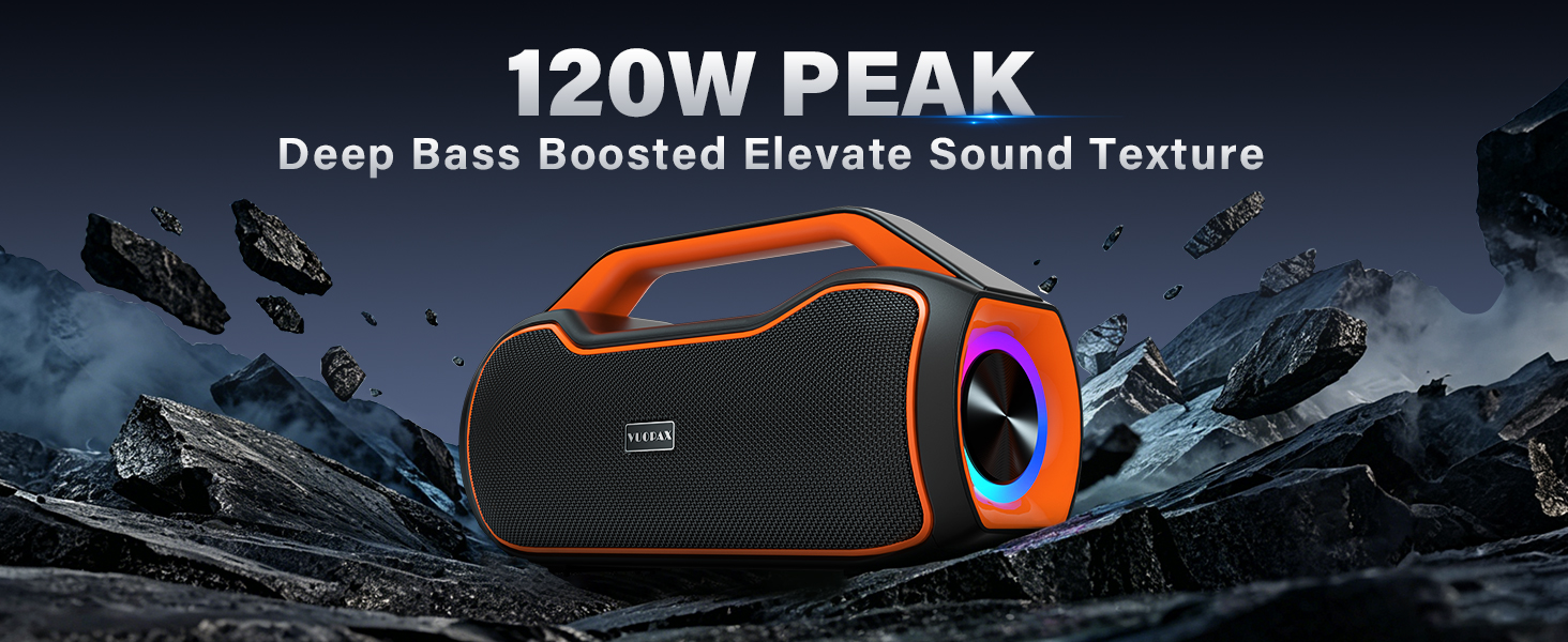 Bluetooth колонка портативна 120W помаранчева з басами, водонепроникна IP65, підтримка DSP/TWS/AUX/TF/BT5.4 для вечірок та пляжу