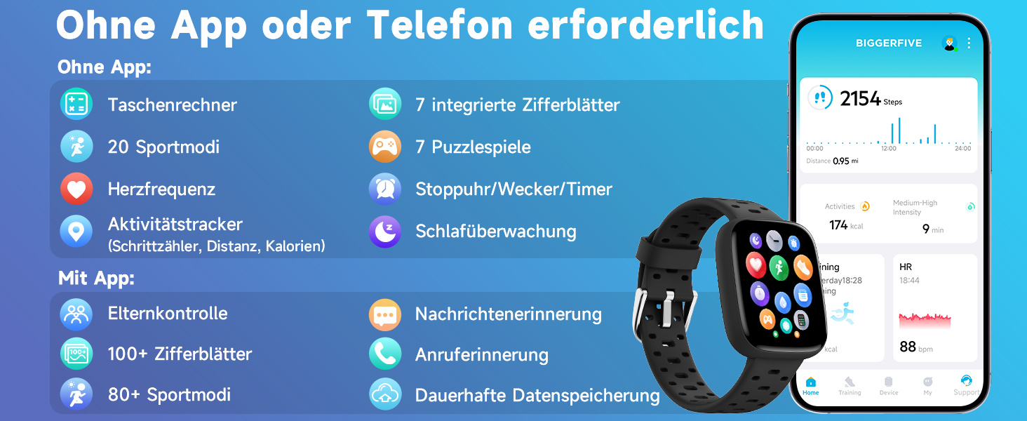 Смарт-годинник BIGGERFIVE для дітей з/без додатку, 1.8' фітнес-годинник, крокомір, пульсометр 24/7, будильник, водонепроникність 30м, монітор сну, пазли-ігри, 100+ циферблати для дівчаток, хлопчиків, підлітків 5–16, чорний