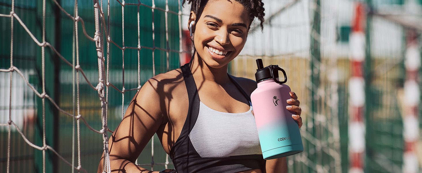 Термос пляшка для води Coolflask 2 л з трубочкою та 3 кришками, ізольована сталева спортивна пляшка з подвійною вакуумною ізоляцією, не протікає, чорна для спорту та офісу