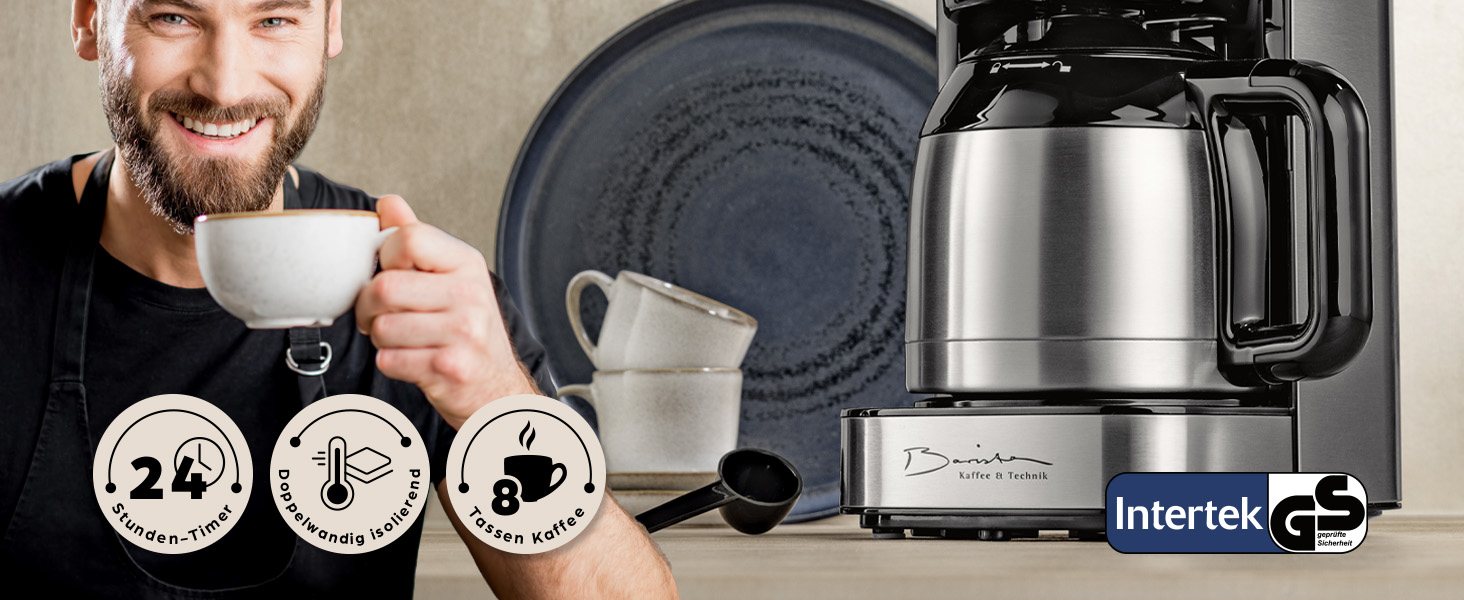 Кавомашина Barista Filterkaffeemaschine з термоканавою, таймер 24 год, постійний фільтр, для 8 чашок кави, для кавової гущі [з нержавіючої сталі] 2) Термокана з нержавіючої сталі