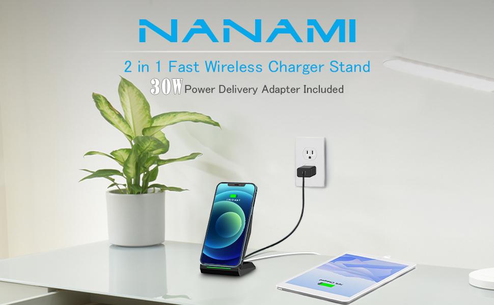 Бездротовий зарядний пристрій NANAMI 30W USB-C з індукційним підсвічуванням, 2-в-1, для iPhone 17/16/15/14/13/12/11/XS Max/X/XR/8 Plus, Samsung Galaxy S25/S24/S23, чорний