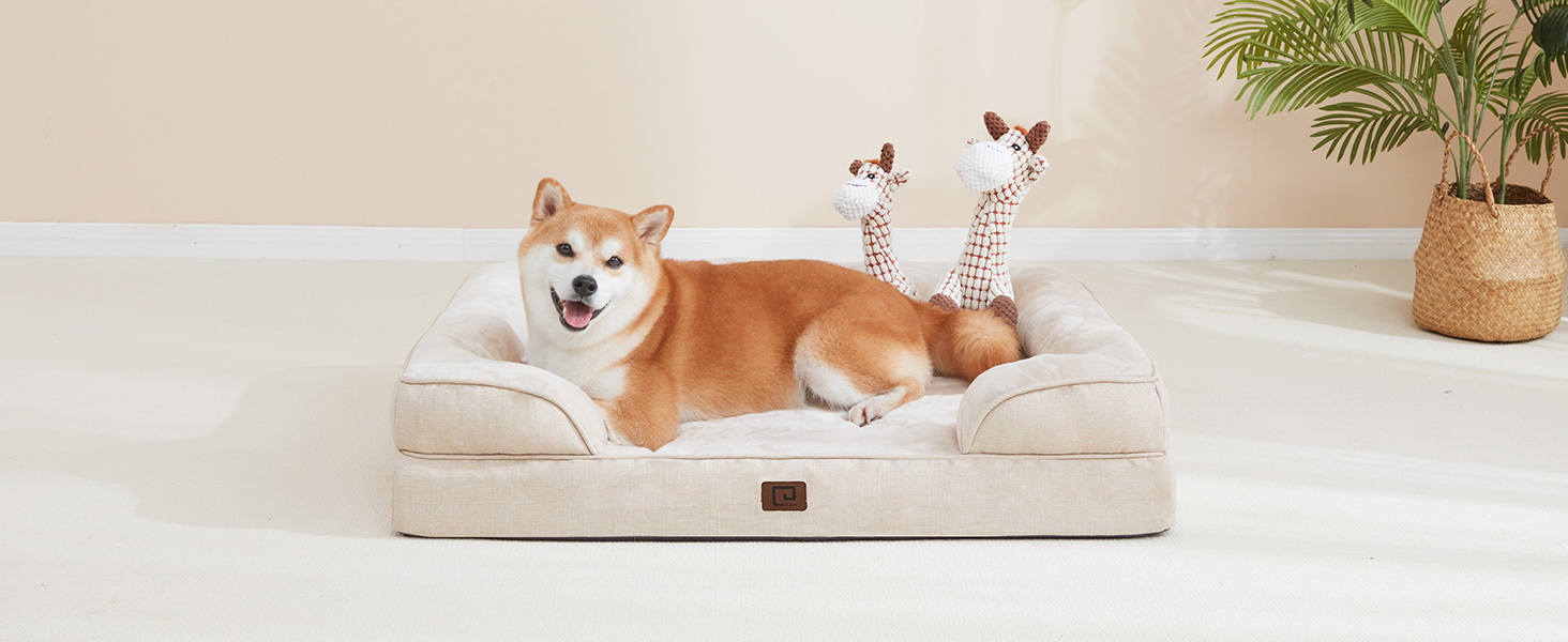Ортопедичне ліжко для собак EHEYCIGA, великі та середні породи, 91x68 см, Memory Foam, вологостійке, з високим бортиком, сіре