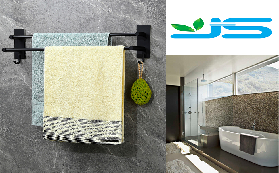 Тримач для рушників на стіну без свердління, SUS304 нержавіюча сталь, 3 стійки, 2 гачки, чорний (43.5 см)