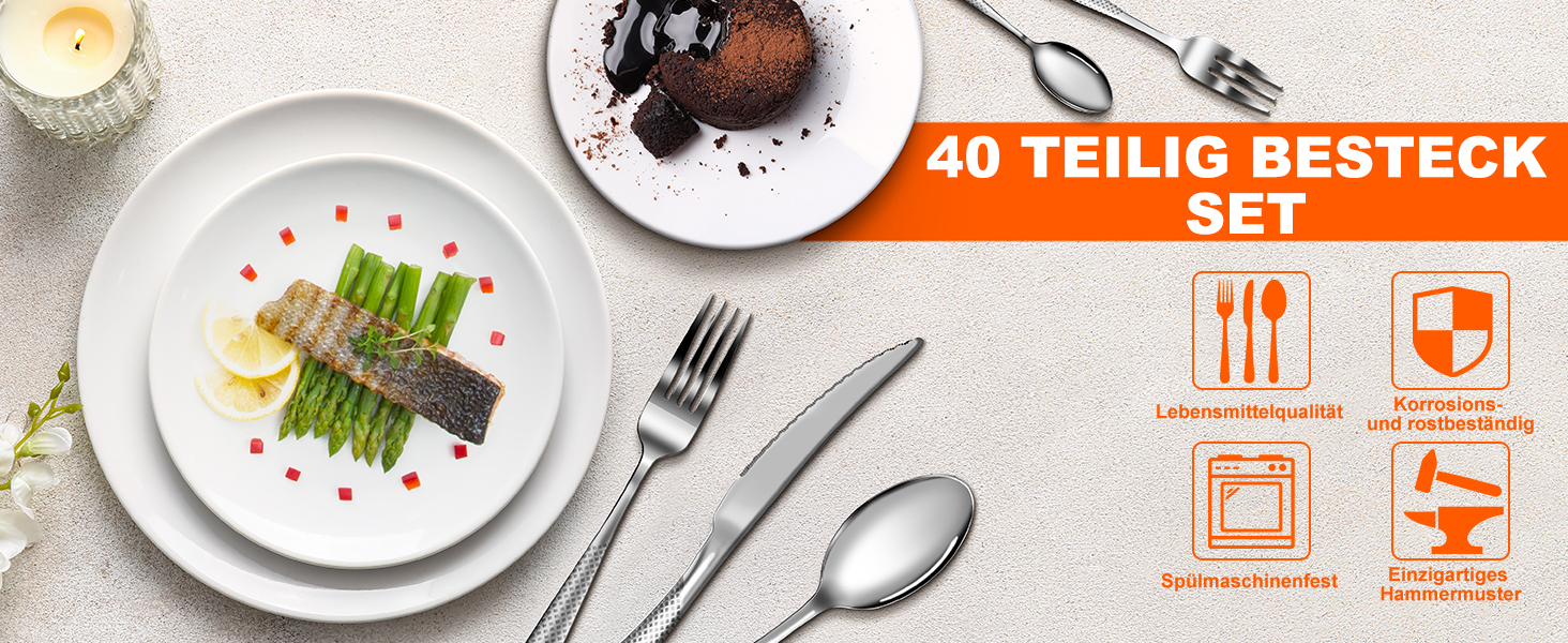Набір столових приборів на 8 осіб, 40 предметів: ножі, виделки, ложки. Виготовлений з нержавіючої сталі, дзеркально відполірований, придатний для миття в посудомийній машині. Сріблястий колір.