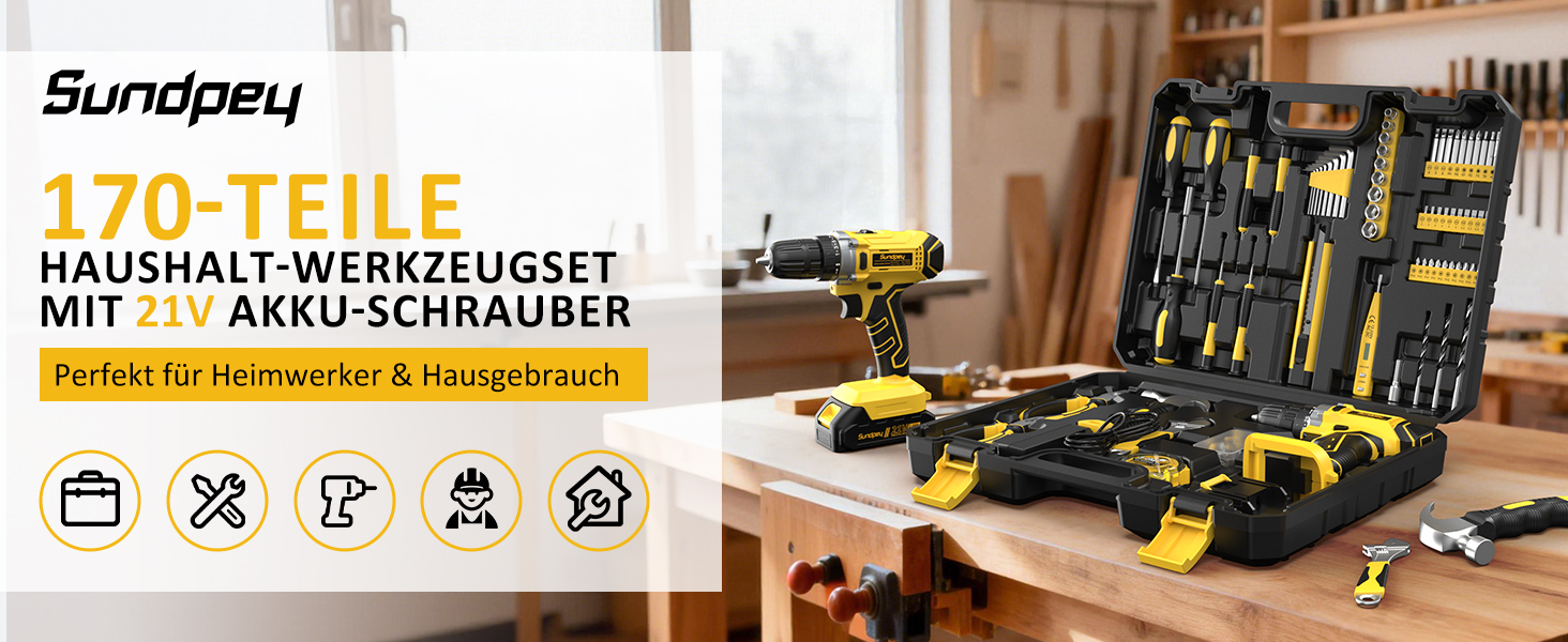 Набір інструментів Sundpey 170 предметів з акумуляторним дрилем-шуруповертом 21V, універсальний для дому, будівельні та ремонтні роботи