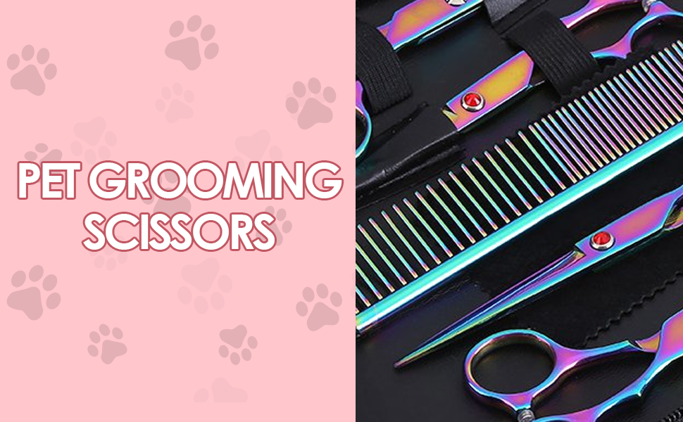 Набір ножиць для догляду за собаками (6 шт.), з нержавіючої сталі, веселковий дизайн, для собак та котів