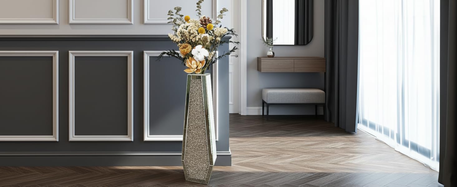 Ваза для квітів велика 68 см: срібна ваза з кристалами для пампас трави, скляна ваза з дзеркальним покриттям та блискітками, декоративна ваза для вітальні, інтер'єру – без підставки для води, 16L x 68H см