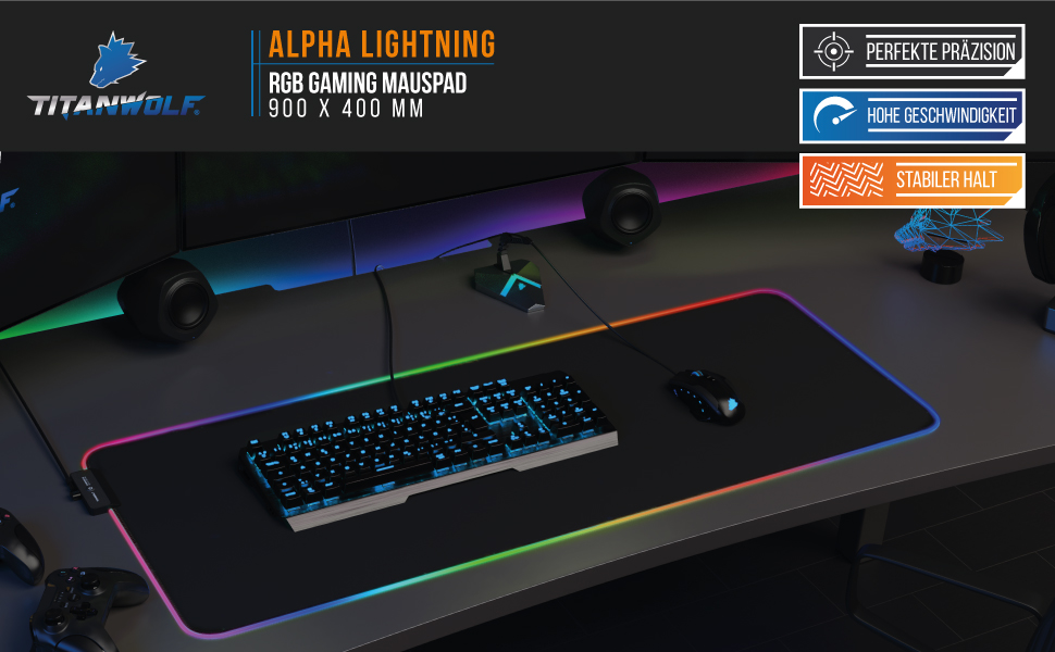 Ігровий килимок для миші TITANWOLF RGB LED XXL (800x300 мм), багатоколірна підсвітка, 11 режимів, вологостійкий, чорний (Black Pro)