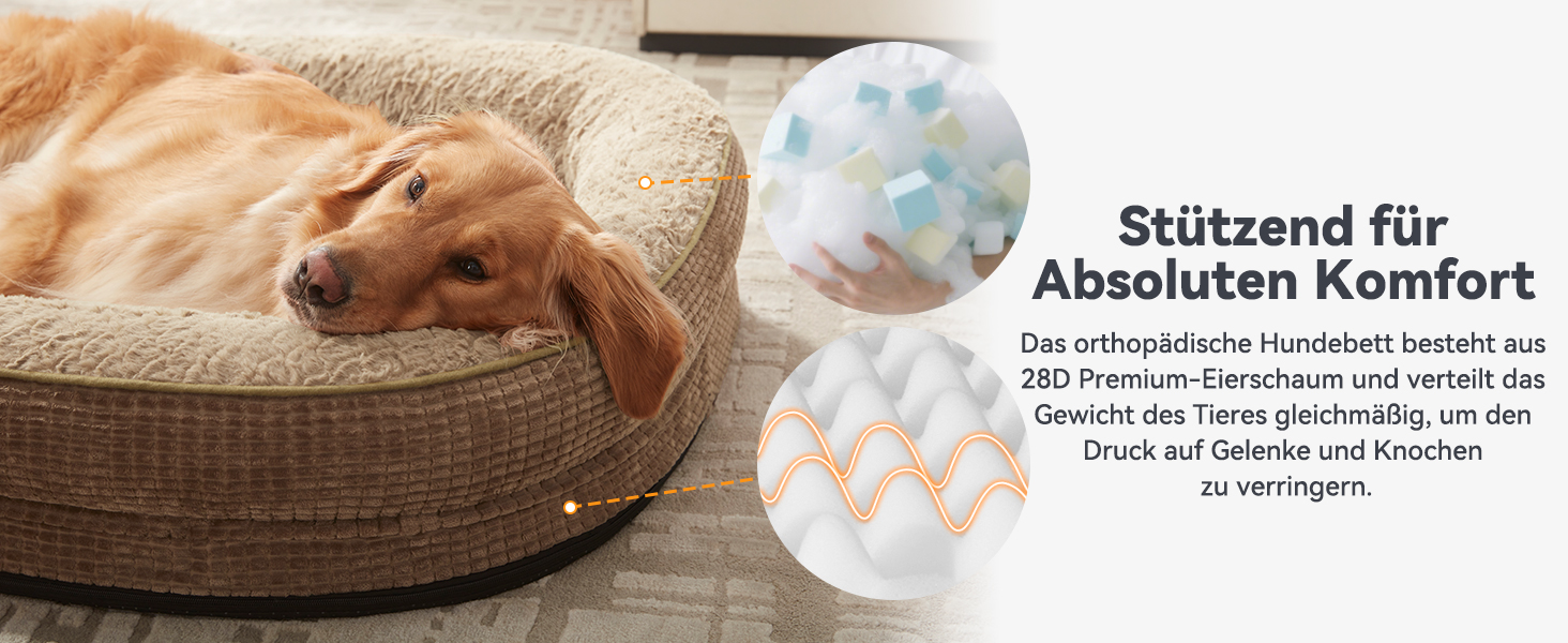 Ортопедичне ліжко для собак середніх порід Pawk, з чотиристороннім валиком для шиї, з memory foam, водонепроникне, антиковзаюче, знімне та пральне (122 x 89 x 19 см)