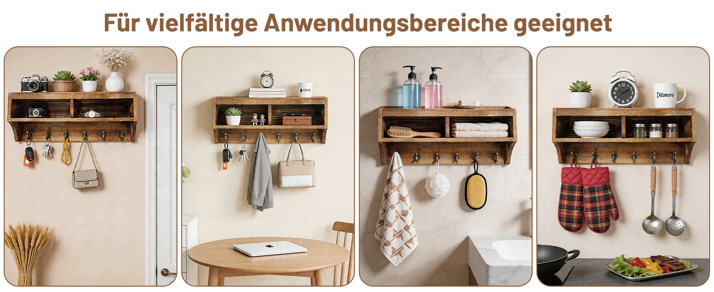 Ключниця настінна дерев'яна TopEsct з полицею та 6 гачками для ключів - сосна, 35.5x14.5x9.6 см