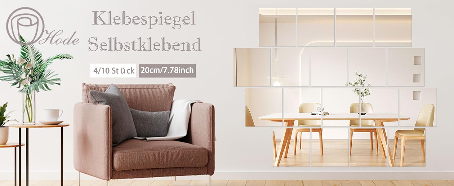 Клейкі дзеркала Hode, 4 шт., 30x30 см, акрил 2 мм - для ванної, вітальні, шафи