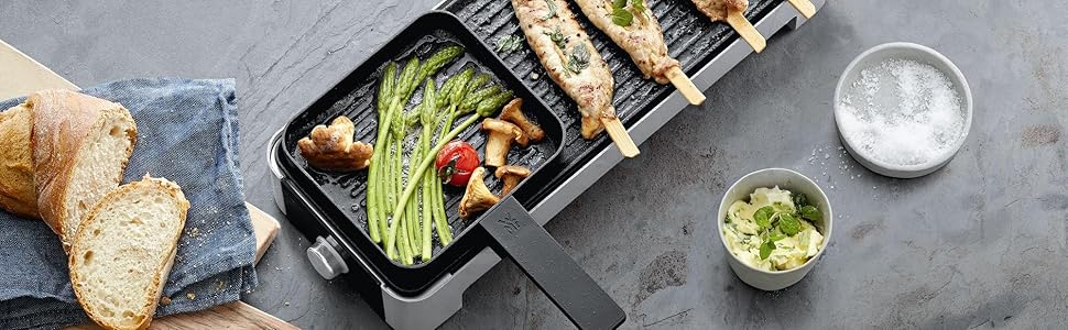 WMF Kitchen Mini Electric Table Grill for 2 with Vegetable Pan - Compact Electric Grill, Adjustable Temperature, 1000W