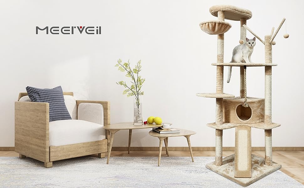 Котячий будиночок Meerveil з когтеточкою, 167 см, XL, з гамаком та печерами, бежевий