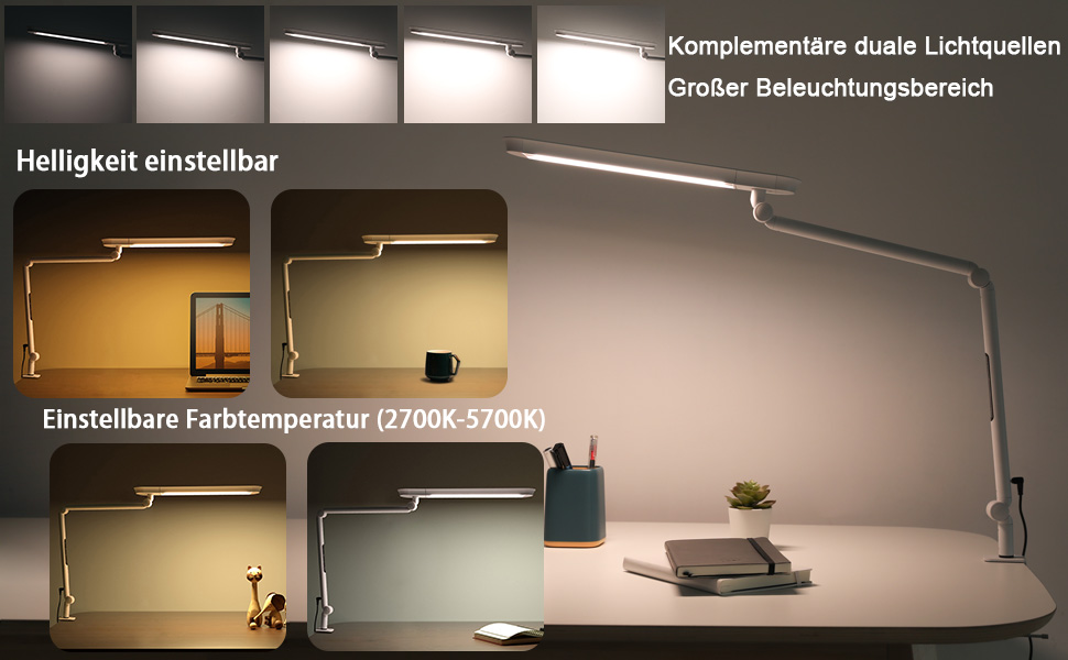 LED лампа настільна з кліпсою, 18W, 1100 люменів, для офісу та дому, без відблисків, захист очей, біла