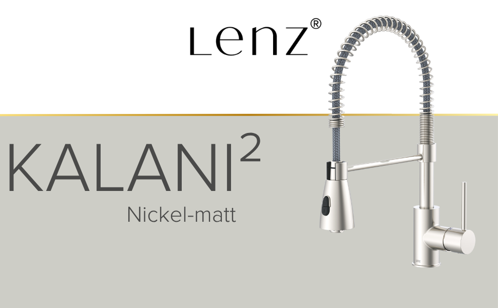 Кухонний змішувач Lenz KALANI² з нікелевим покриттям та висувною лійкою – високий тиск, проста установка, преміум-якість