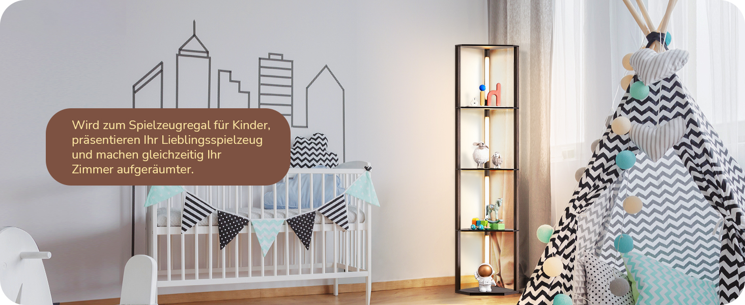 LED торшер EDISHINE з 4 полицями з дерева, торшер для вітальні, регульоване освітлення, 3 колірні температури, поворотний світловий стержень, підсвічування полиць, футовим вимикачем (темно-горіховий)