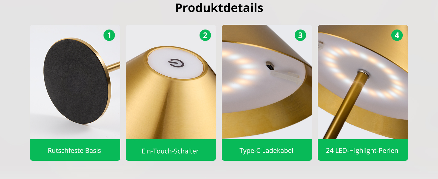 BOJIM 2 шт. LED настільна лампа на акумуляторі, золота, USB, сенсорне регулювання, IP54, водонепроникна, для балкона, поворотний наголовник