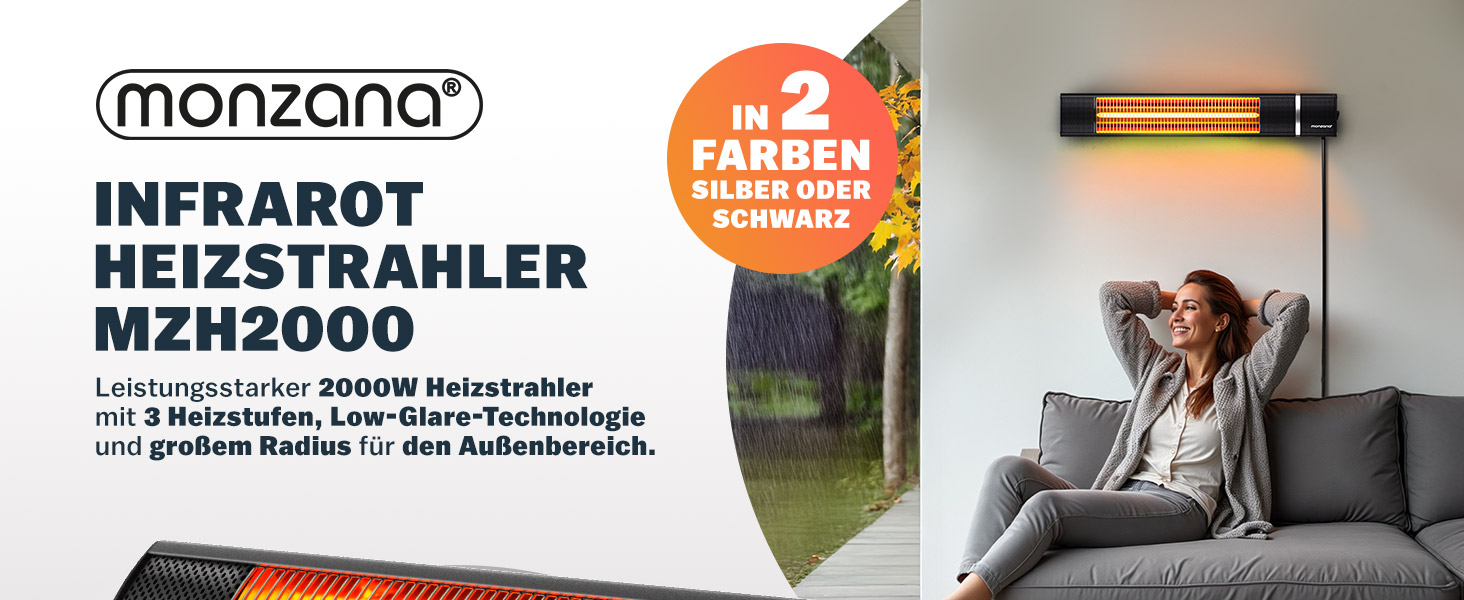 Інфрачервовий обігрівач MONZANA® MZH2000 Goldröhre 2000W з пультом керування, 3 режими, кут нахилу 90°, для тераси та вулиці