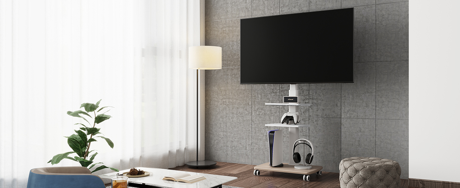 FITUEYES Rolling TV Stand with 3 Shelves - Mobile TV Stand for 32-70 Inch TVs up to 40kg, VESA 400x600, Adjustable & Swivel, White