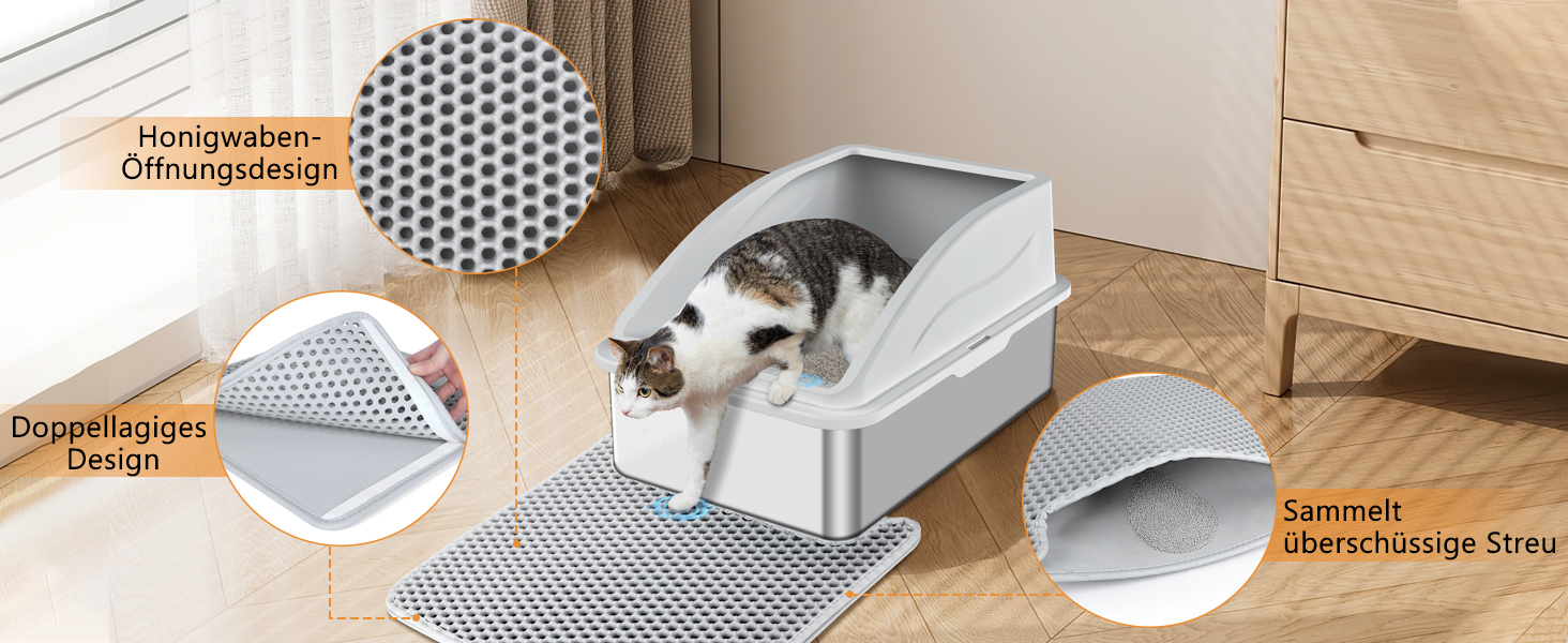 FURTIME Лоток для котів з нержавіючої сталі XXL, 42L, великий, витокозахисний, з лопаткою, 60x40x36 см (Сріблясто-сірий)