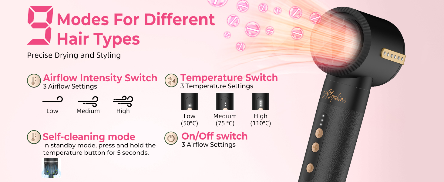 Atopskins 7-в-1 Airstyler: професійний набір для укладки волосся, 110000 об/хв, 1400 Вт. Фен-щітка, локон, випрямляч, іонізація. Для об'єму, сушіння та укладки. Чорний та золотий колір.