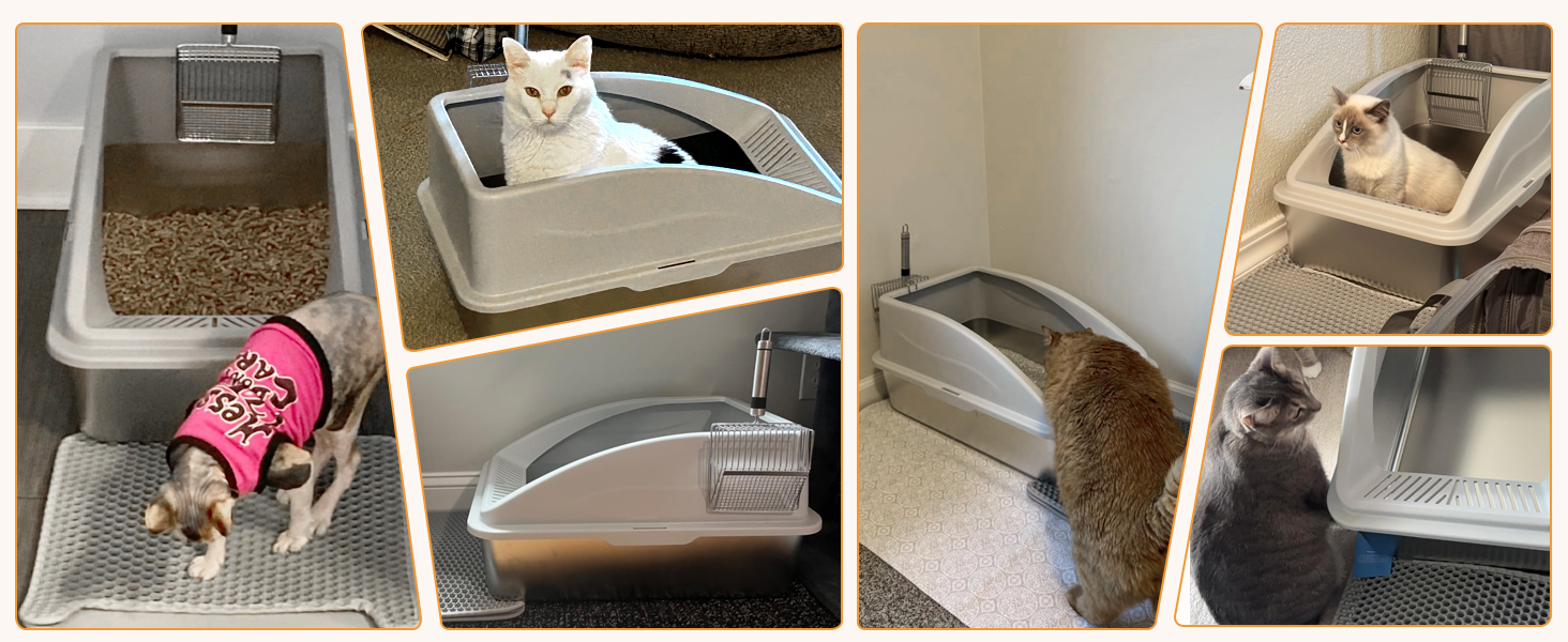 FURTIME Лоток для котів з нержавіючої сталі XXL, 42L, великий, витокозахисний, з лопаткою, 60x40x36 см (Сріблясто-сірий)