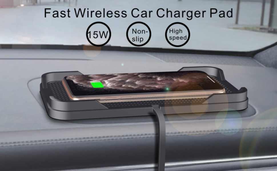 Бездротовий зарядний пристрій для авто Polmxs 15W з антиковзким килимком та USB-A адаптером 40W для iPhone/Samsung