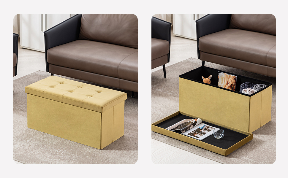 Складана оксамитова банкетка HNNHOME 110×40×40 см, сіра, пуф-оттоманка з кришкою для зберігання іграшок, для вітальні й спальні, екстравелика