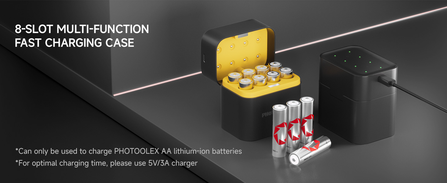 Акумулятори PHOTOOLEX AA Li-ion 1.5V 3000 mWh (8 шт.) — Потужні літієві батарейки з зарядним пристроєм та кейсом для зберігання