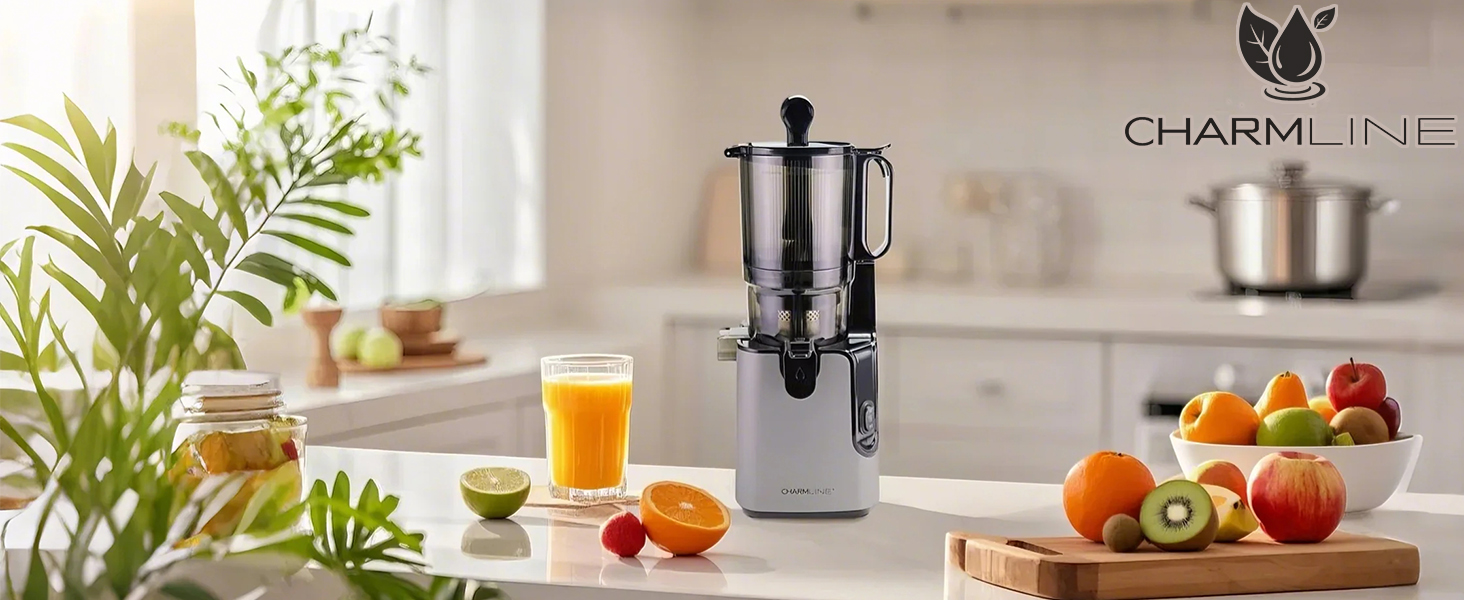 Charmline повільно-видавлюючий соковичавник (slow juicer), 130 мм завантажувальний отвір, 1.8 л контейнер для соку, BPA-free, сертифікат GS, легке очищення, переможець тестування для здорових соків