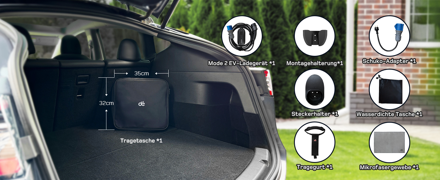 Мобільна зарядна станція (Wallbox) 11 кВт, 3-фазна, 7м, 6-16A з регульованою потужністю, кабель CEE 16A на Typ 2, для електромобілів Model Y/3, ID.3/4/5, MG4, EX30, e-up, e-tron, Zoe та інших EV (CEE 7 кВт, 15м)