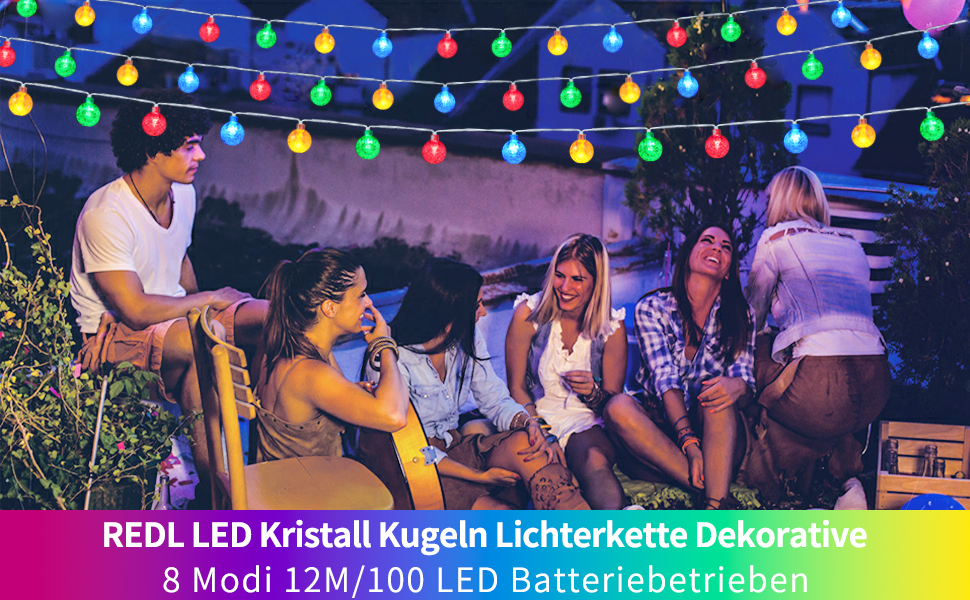 Ланцюжок прикрас RJEDL з 100 LED кулями, 12 м, IP67, з пультом, для декору балкона, вечірки, саду (тепле біле світло)