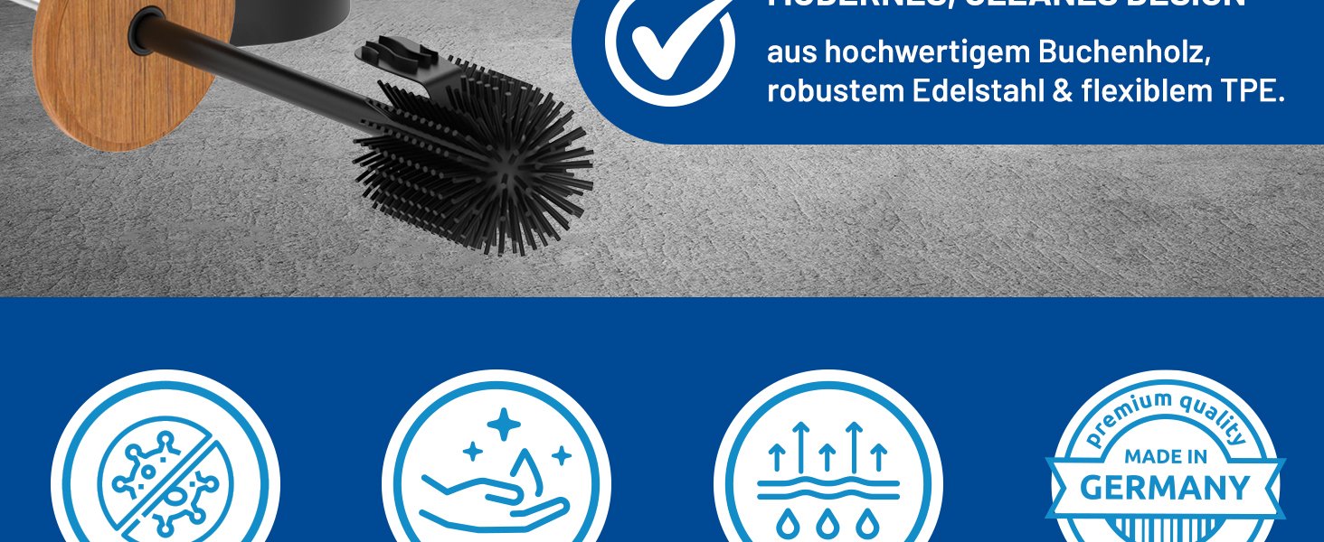 Набір для туалету Rival Life Style з круглою щіткою, ручка з нержавіючої сталі та кришка з масивної букової деревини – ергономічна щітка для туалету – для швидкого та ретельного очищення. (Чорний, щітка з нотками)