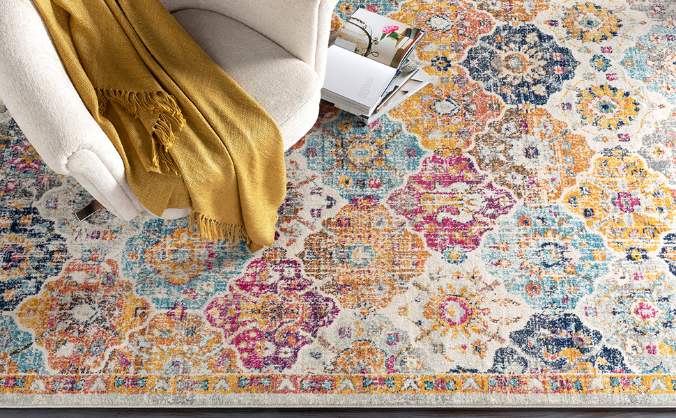 Килимок Livabliss Asmara Vintage 120x170 см - вітальня, їдальня, спальня, бохо стиль, багатобарвний малюнок сірий та помаранчевий