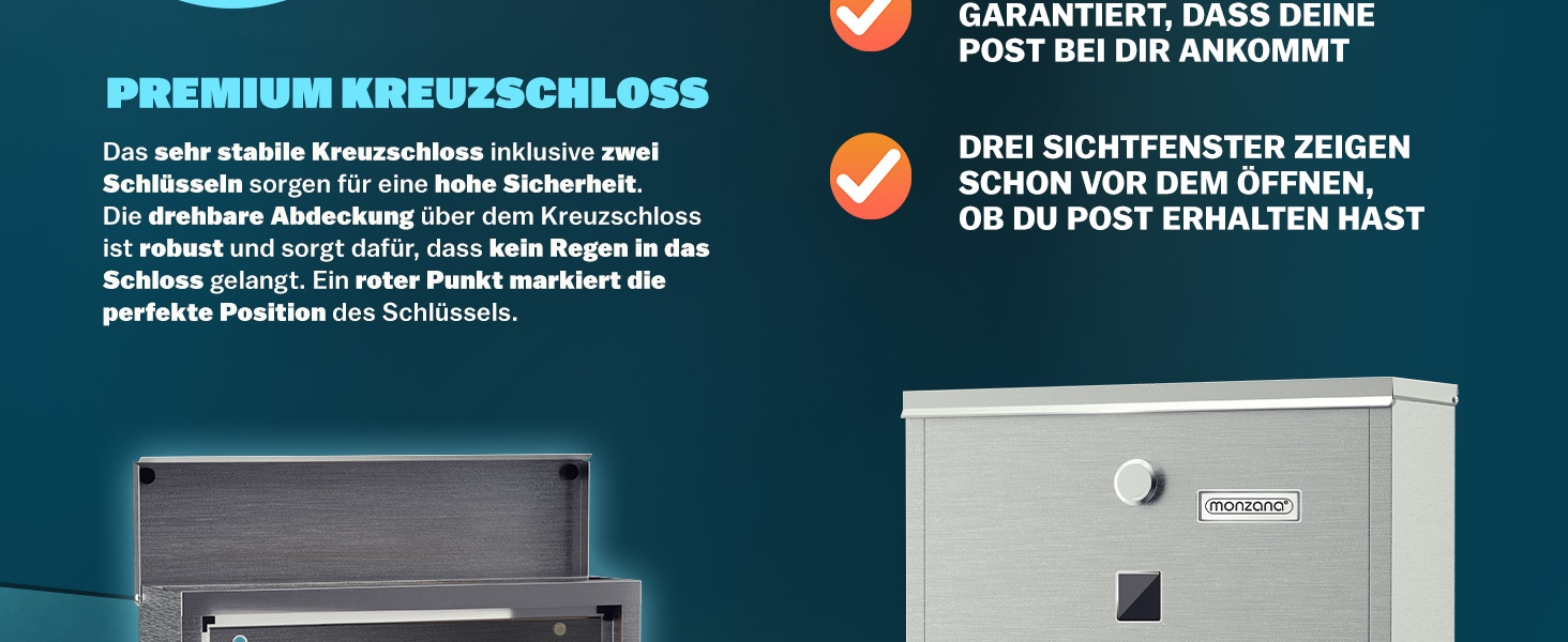 Поштовий ящик Monzana Kreuzschloss з мідним циліндром, поворотна кришка, 31x10x34 см, вікно, табличка для імені, відділ для газет, сталь, 2 ключі, чорно-срібний