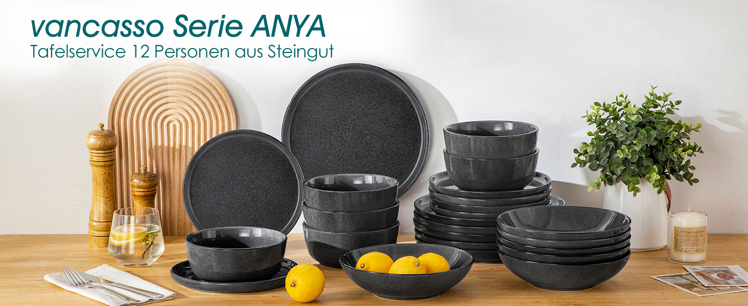 Набір посуду Steingut vancasso ANYA (48 предметів) – сучасний сервіз для 6 осіб (сірий)