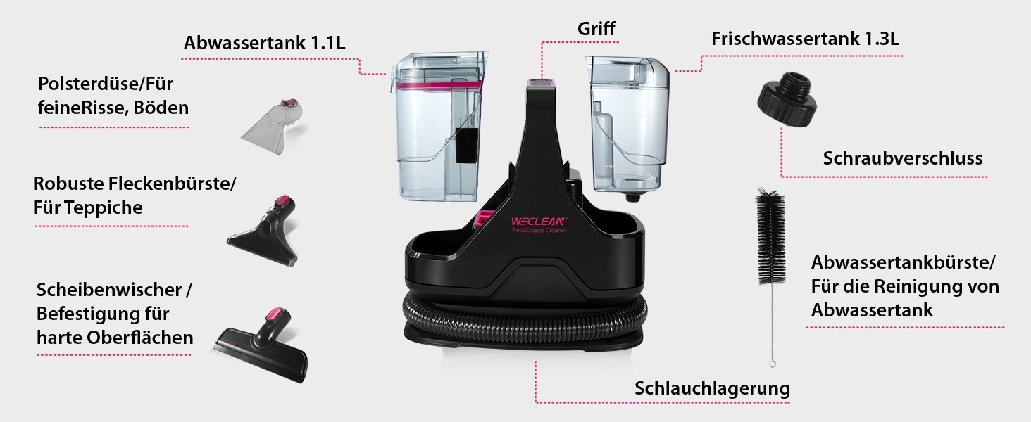 WECLEAN C3 - Миючий пилосос 600W, 18kPa, для килимів, диванів, вікон, авто. Чорний/Рожевий