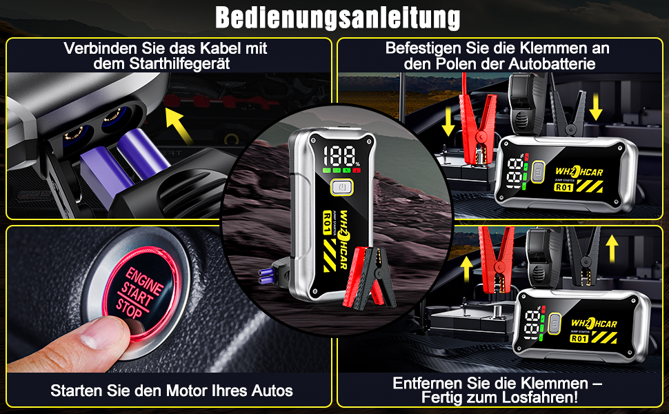 Powerbank Starthilfe 4000A: портативний пусковий пристрій для автомобіля 12V з LCD дисплеєм та LED ліхтариком. Підходить для бензинових (9.0L) та дизельних (7.5L) двигунів. Ідеально для SUV, мотоциклів та газонокосарок. Чорний колір.