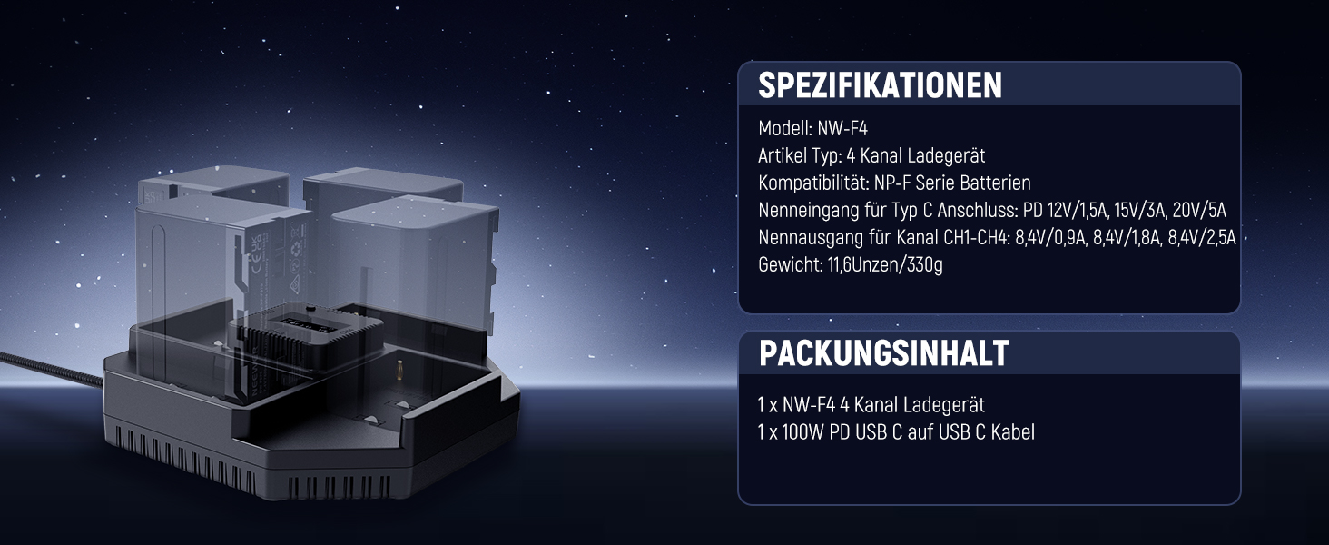 Зарядний пристрій NEEWER NP-F970 з 4 каналами для акумуляторів NP-F550/NP-F750, 100W PD, OLED дисплей, USB-C кабель