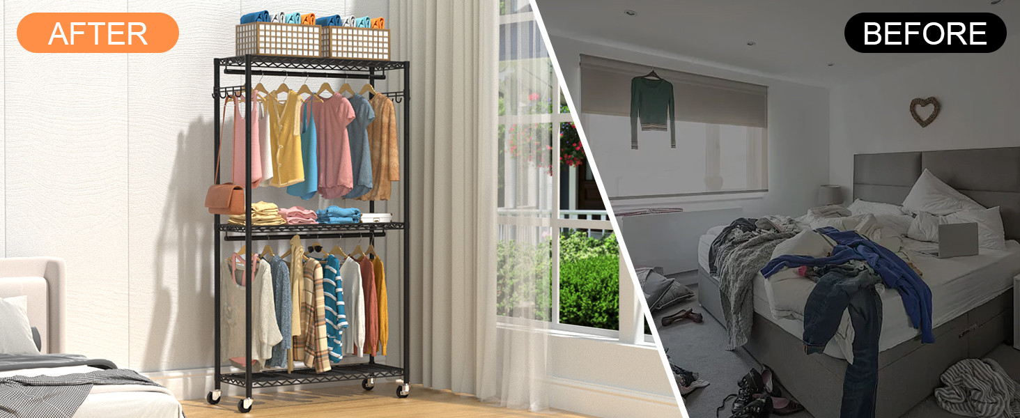 Clothes Rack, Clothes Rack, 4-Tier, Adjustable Closet Organizer System with Drawer | Double Rods | Side Hooks | Holds 445 lbs (Clothes Rack with 4 Drawers)