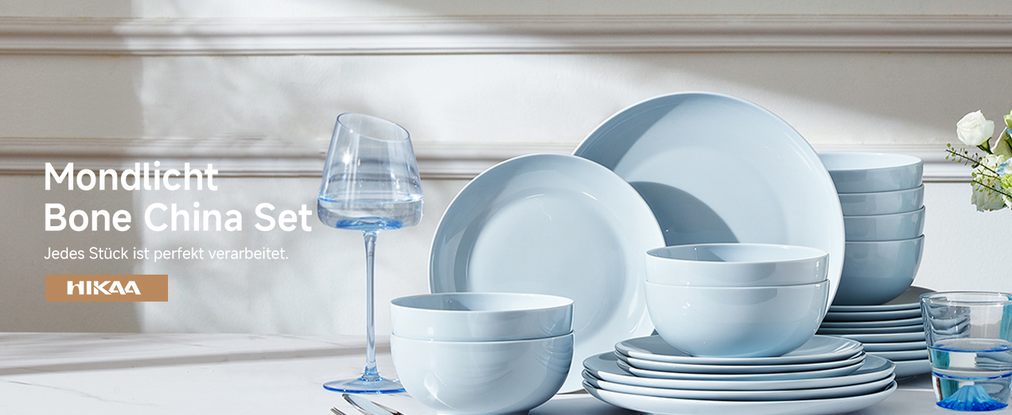 Набір посуду HIKAA на 6 осіб, 18-ти предметний сервіз з кісткового фарфору, комплект тарілок, безпечний для мікрохвильової печі та посудомийної машини, сервіз для дому, весілля, легкий та довговічний (блакитний)