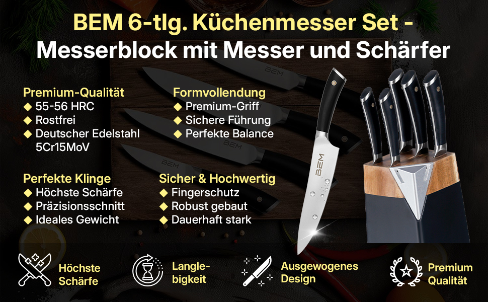 Набір кухонних ножів BEM Master Chef 6 шт. з підставкою: кухонний ніж, ніж для овочів, ніж для нарізки, універсальний ніж, ніж для хліба; шліфувальник, нержавіюча сталь