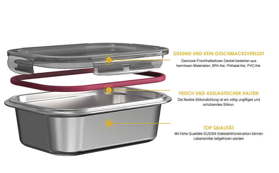 Контейнери для харчових продуктів GENICOOK з нержавіючої сталі, набір 3 шт. з герметичними кришками - для зберігання та Meal Prep