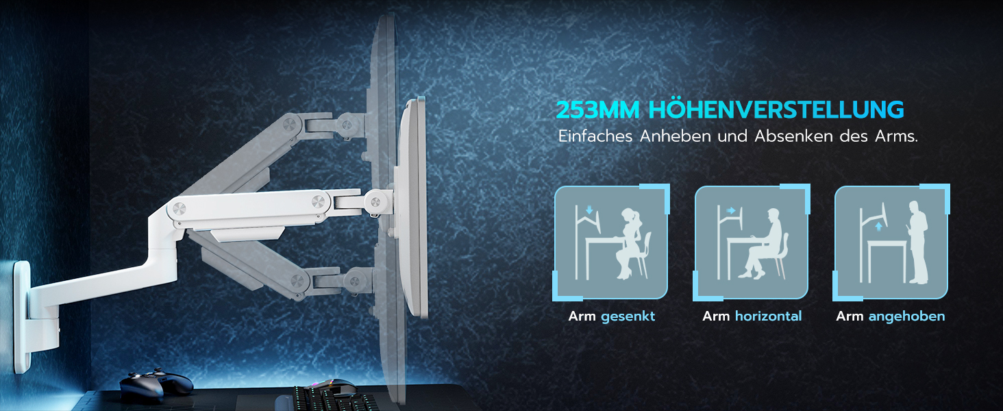 Настінний кронштейн для монітора ARES WING для Ultra Wide екранів 17-49 дюймів, газліфт, навантаження до 20 кг, VESA 75/100, білий